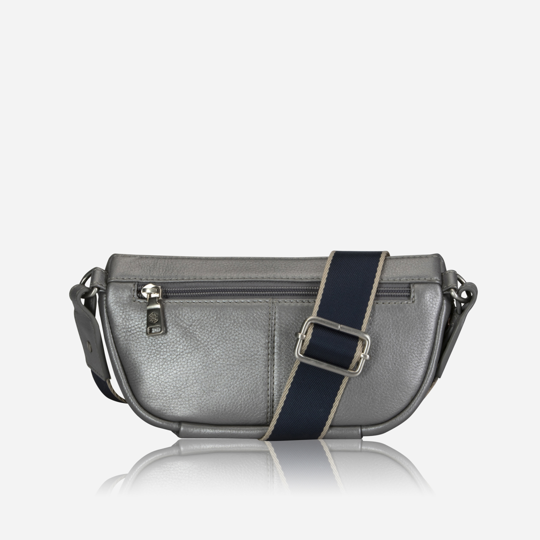 Slim Ladies Leather Waist Bag, Metallic Silver