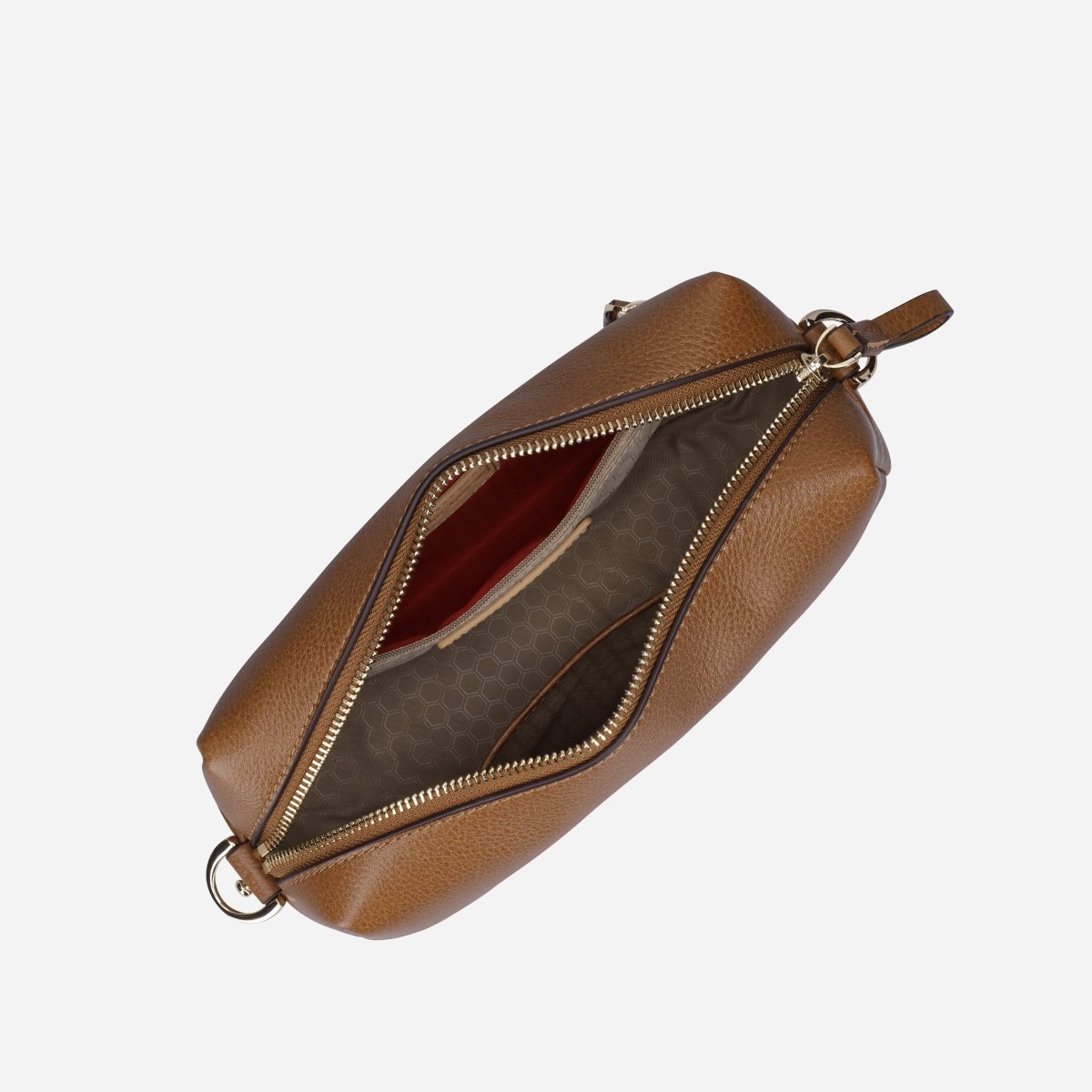 Tan leather crossbody bag open, showing the interior – Jekyll & Hide