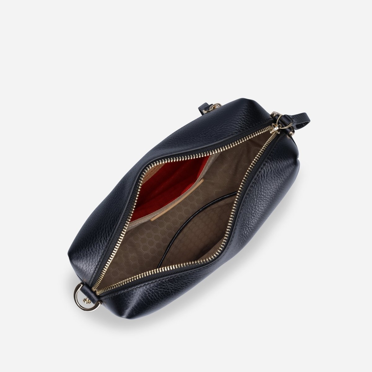 Black leather crossbody bag open, showing the interior – Jekyll & Hide