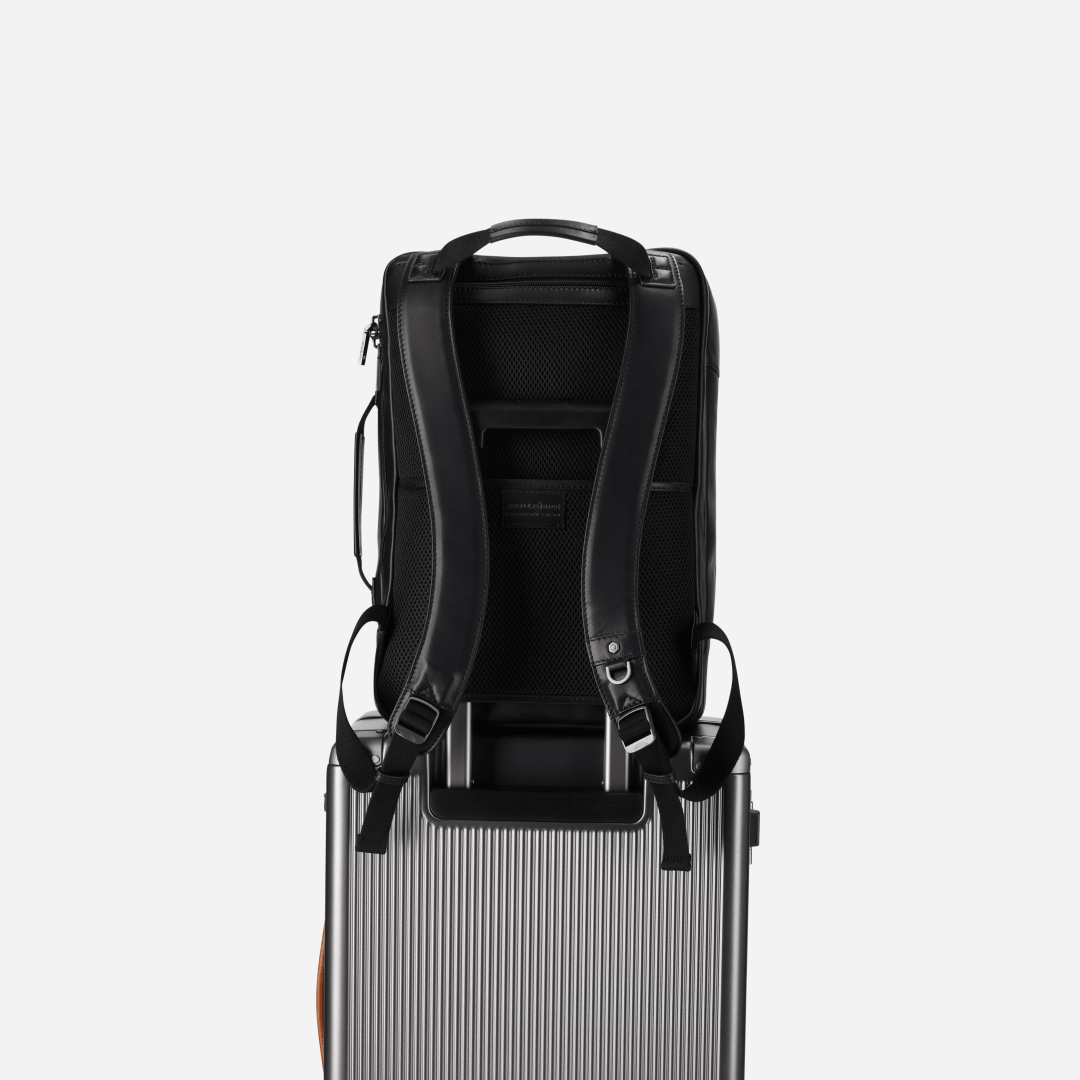 Jekyll and Hide 17-inch travel backpack in Black with laptop compartment and adjustable straps, back image on luggage