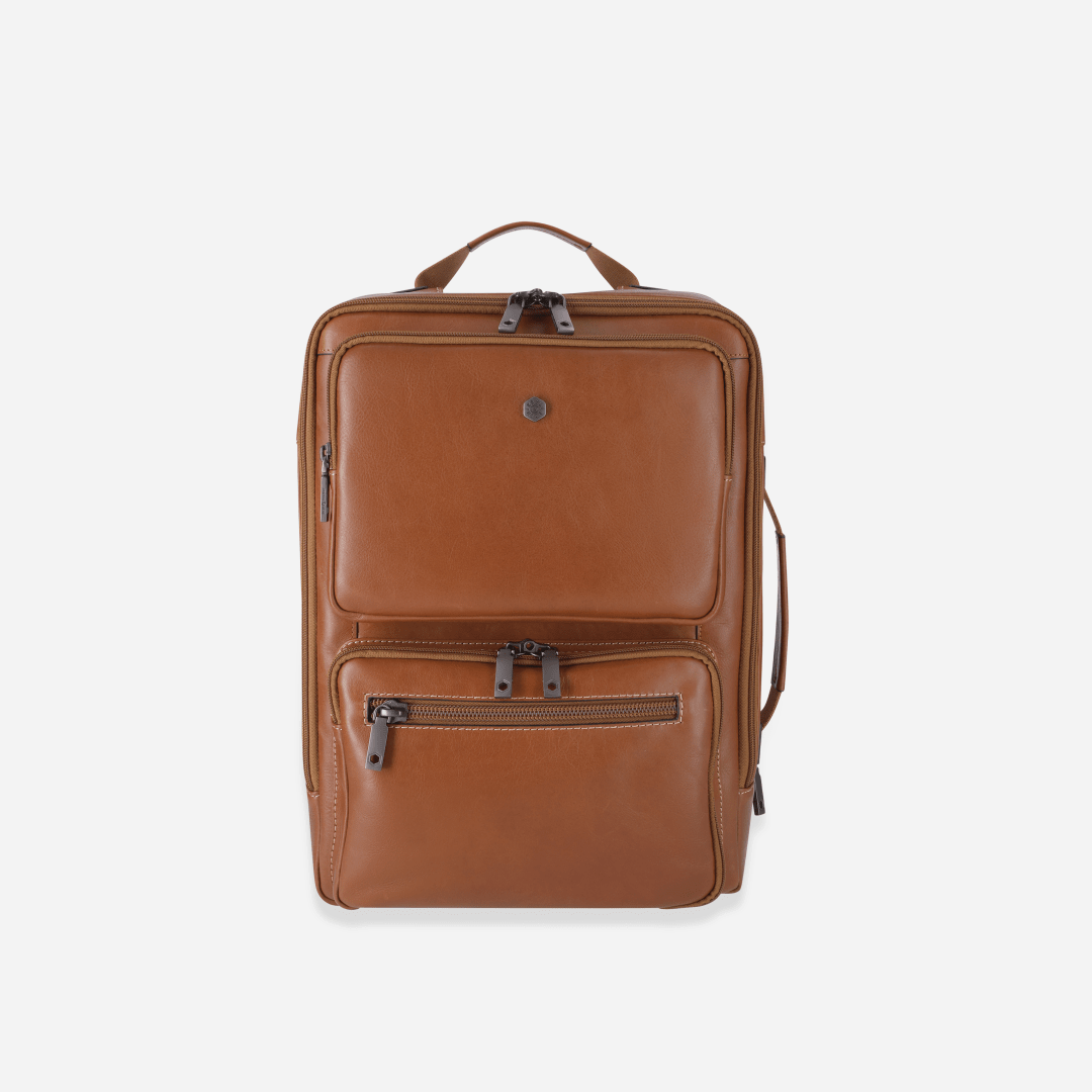 Jekyll and Hide 17-inch travel backpack in Tan with padded laptop compartment and adjustable straps, front image