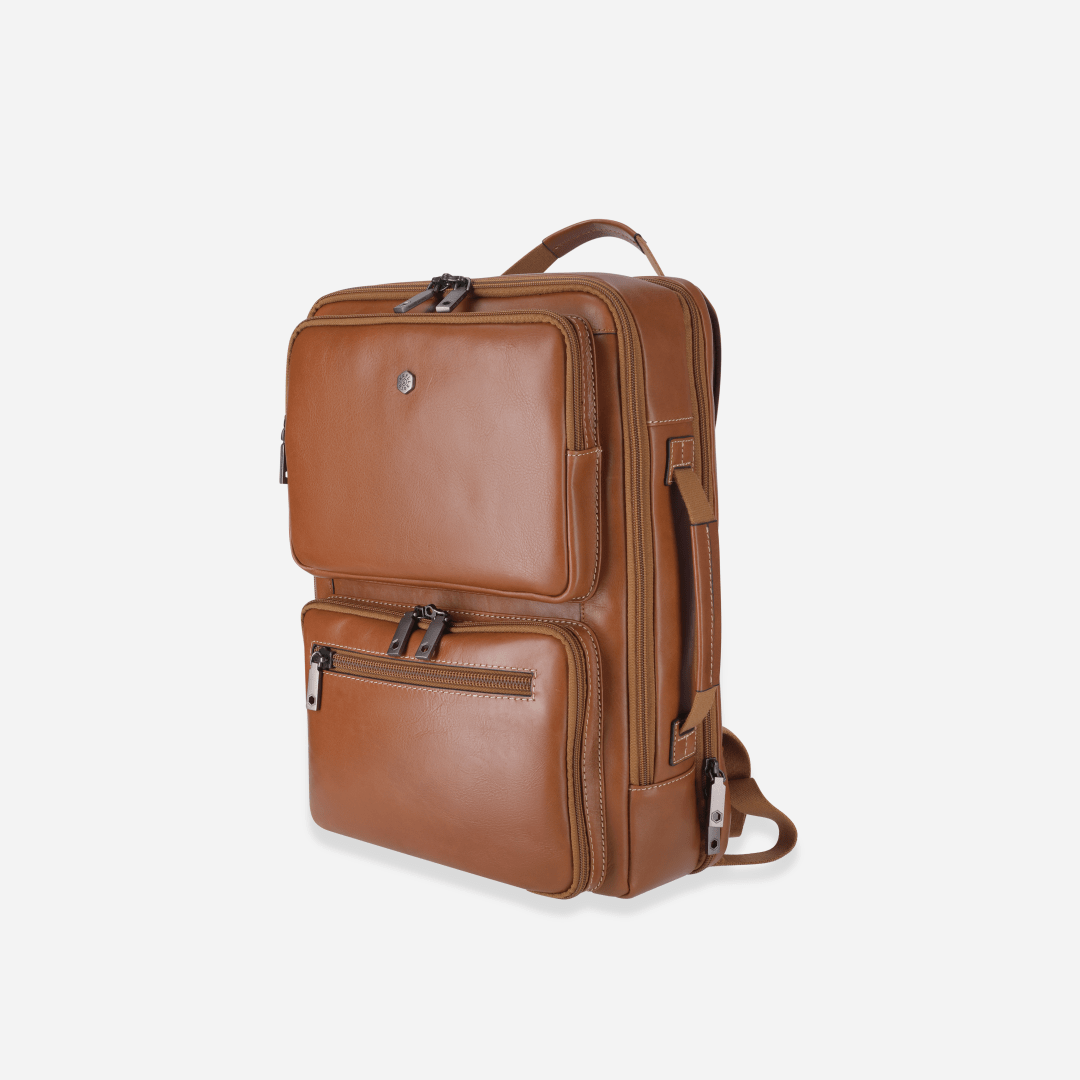 Jekyll and Hide 17-inch travel backpack in Tan with padded laptop compartment and adjustable straps, side image