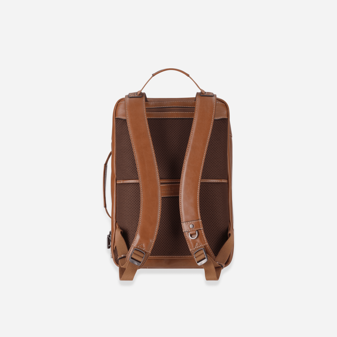 Jekyll and Hide 17-inch travel backpack in Tan with padded laptop compartment and adjustable straps, back image