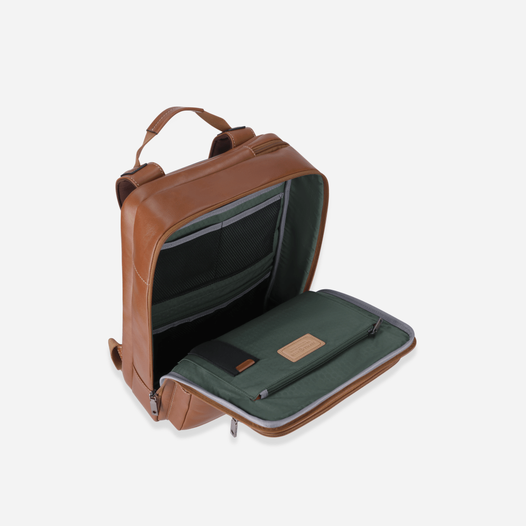 Jekyll and Hide 17-inch travel backpack in Tan with padded laptop compartment and adjustable straps, inside and side image