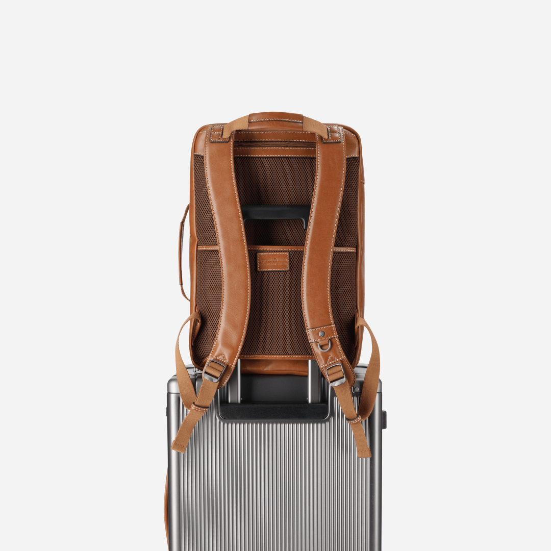 Jekyll and Hide 17-inch travel backpack in Tan with padded laptop compartment and adjustable straps, back image on luggage