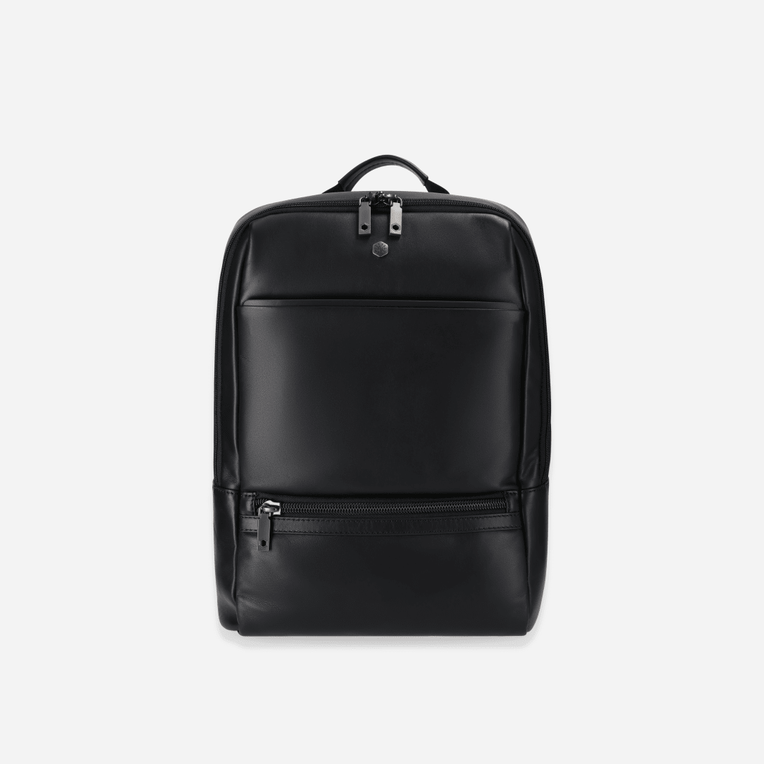 Jekyll and Hide 17-inch leather backpack in classic Black with padded laptop compartment and adjustable straps, front image