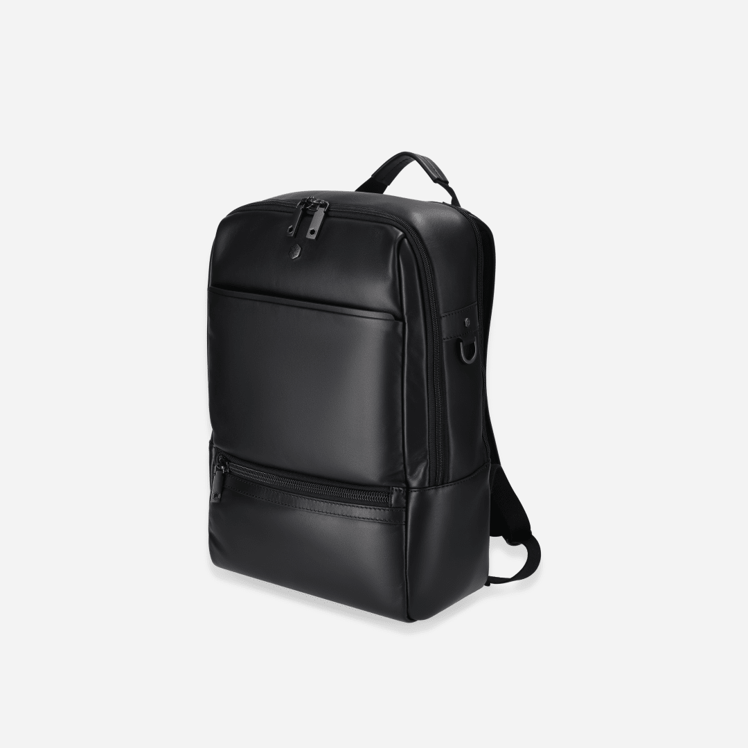 Jekyll and Hide 17-inch leather backpack in classic Black with padded laptop compartment and adjustable straps, side image