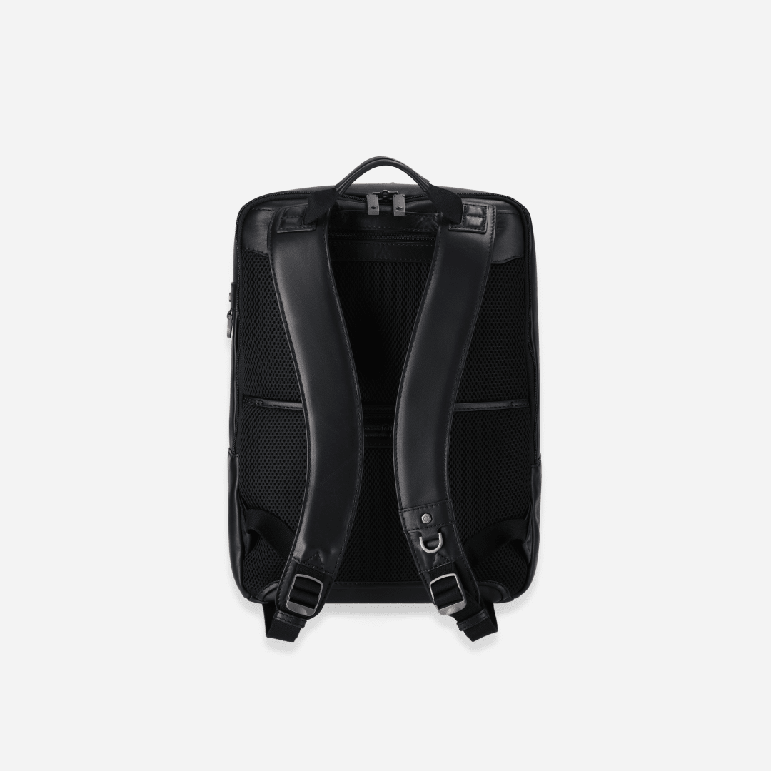 Jekyll and Hide 17-inch leather backpack in classic Black with padded laptop compartment and adjustable straps, back image