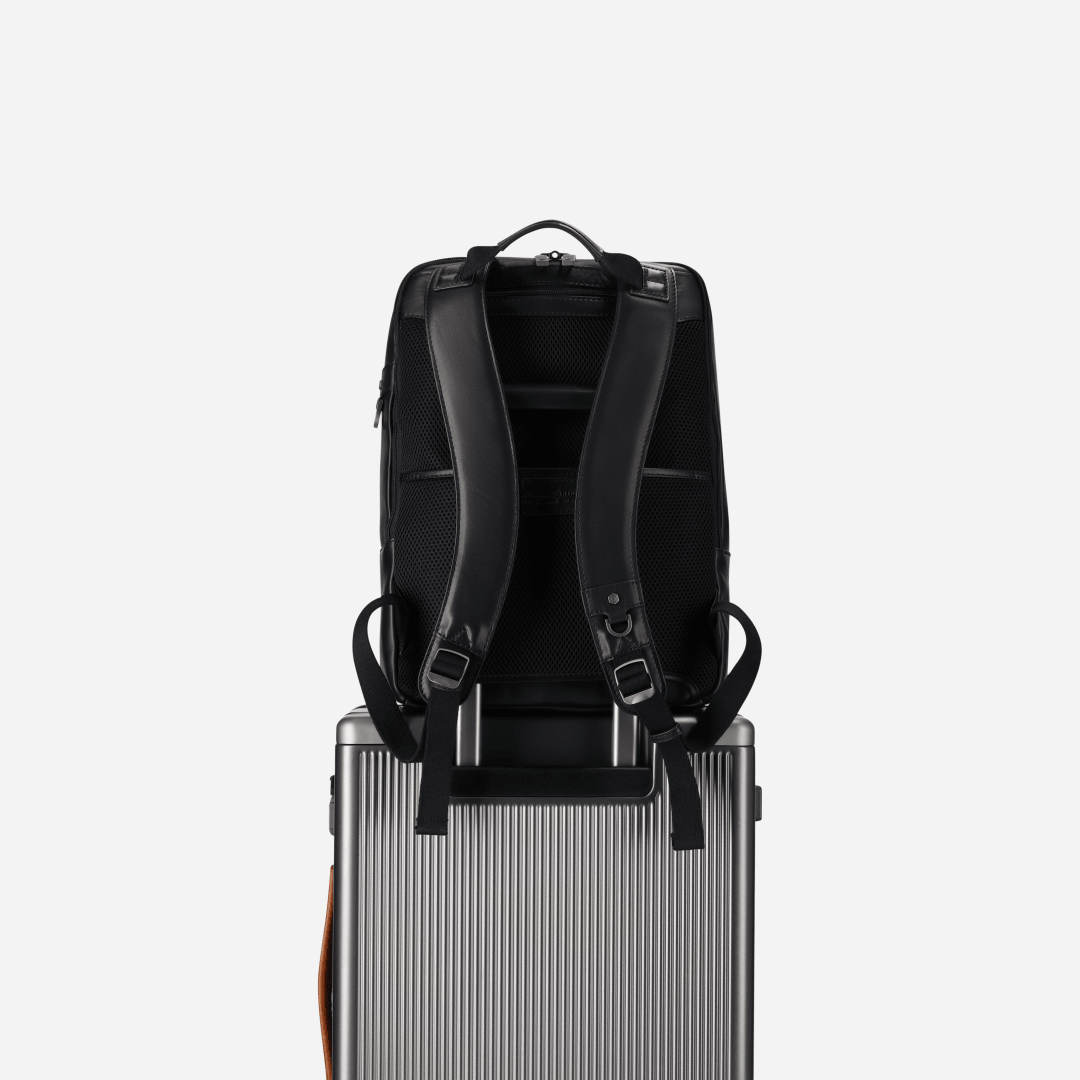 Jekyll and Hide 17-inch leather backpack in Black with padded laptop compartment and adjustable straps, back image on luggage