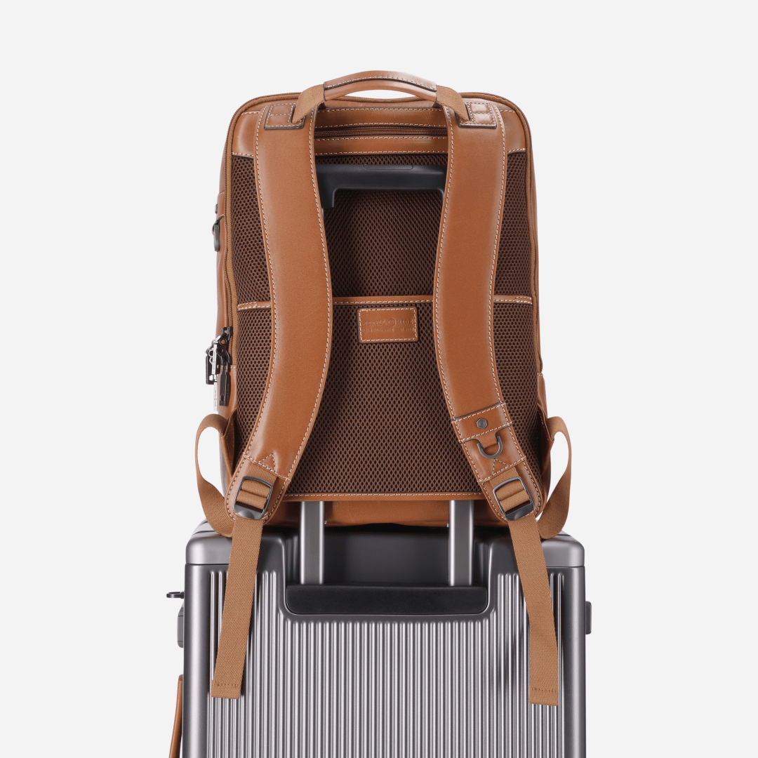 Jekyll and Hide 17-inch leather backpack in classic tan with padded laptop, back image on luggage