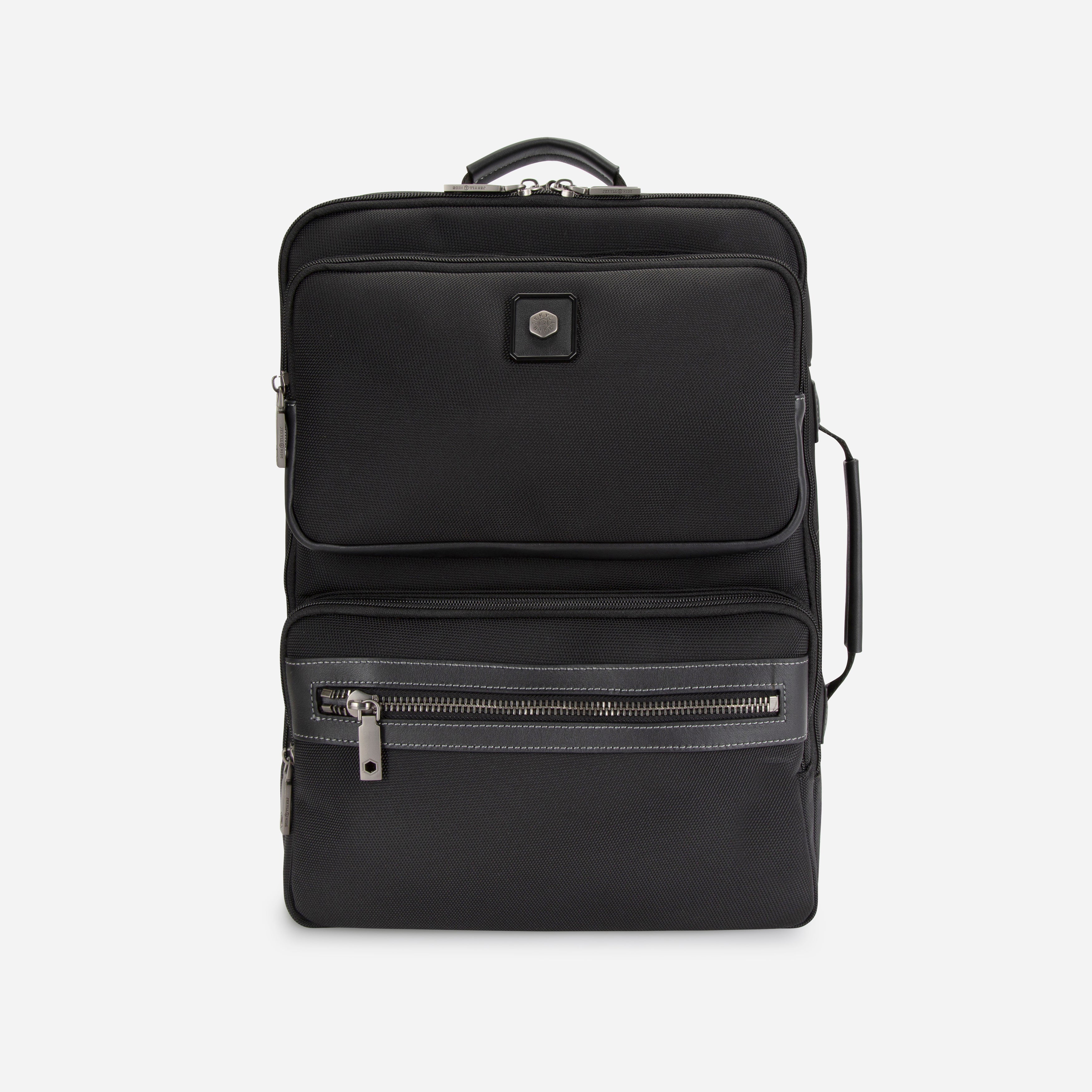 Jekyll & Hide Tokyo Square Backpack in Black, front view with both zipped front pockets