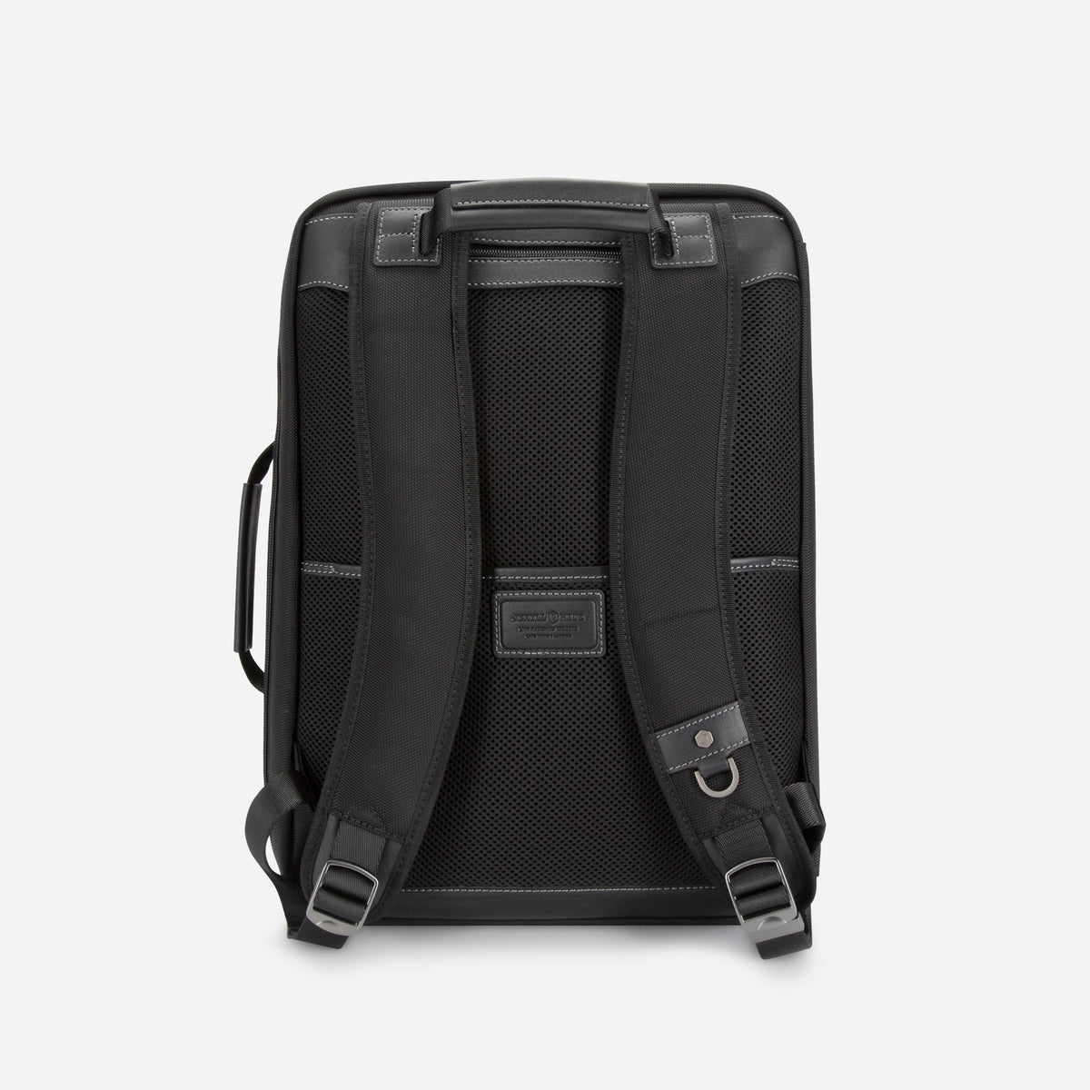 Jekyll & Hide Tokyo Square Backpack in Black, back view with the padded mesh panel, contoured shoulder straps and trolley sleeve