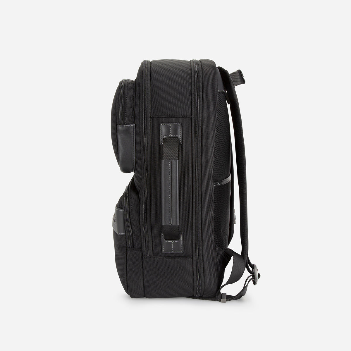 Jekyll & Hide Tokyo Square Backpack in Black, side view with the leather grab handle