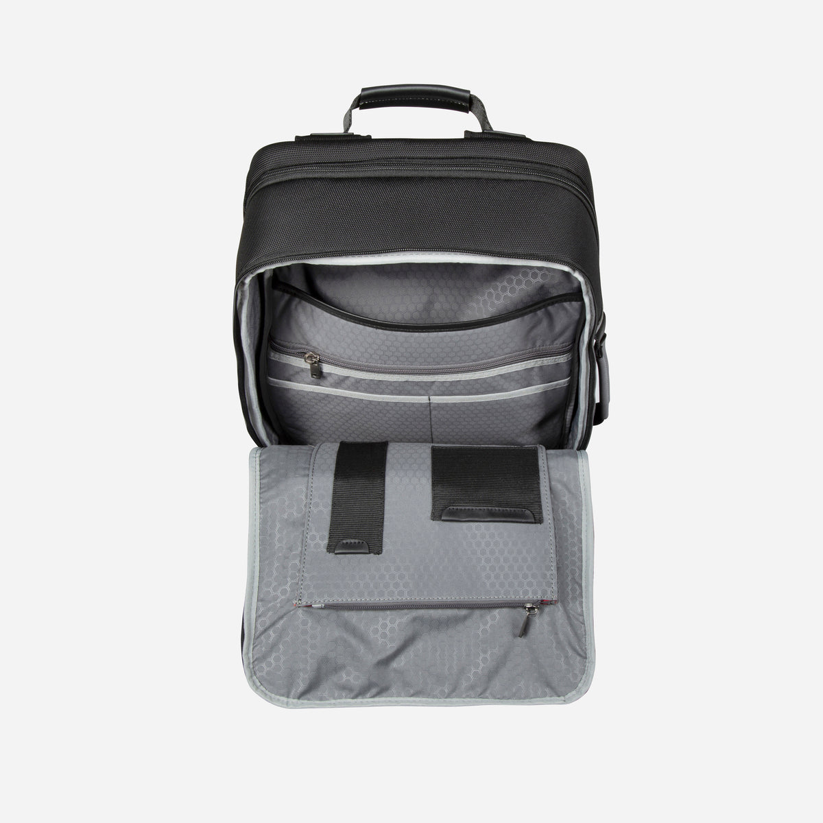 Jekyll & Hide Tokyo Square Backpack in Black, top-access compartment open