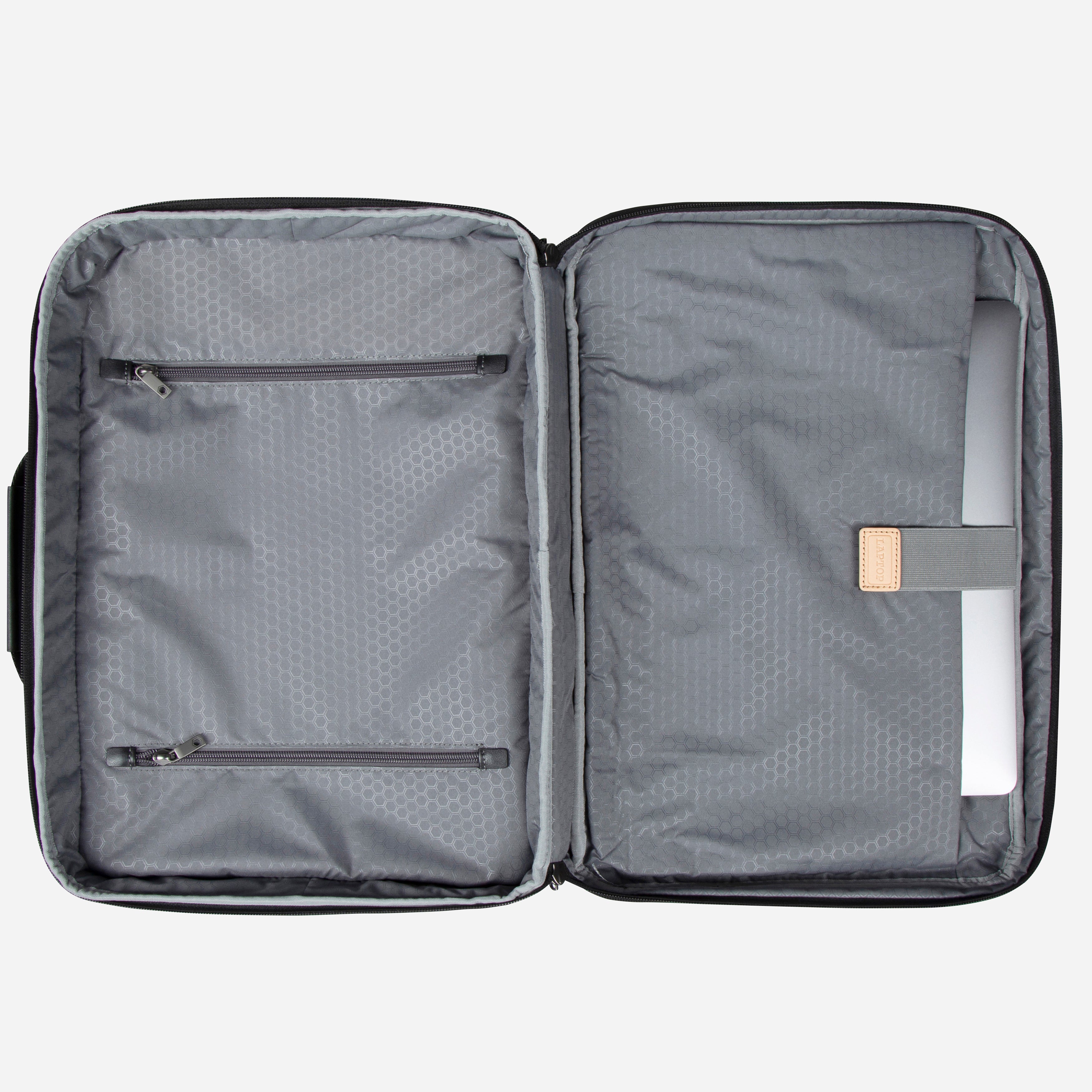 Jekyll & Hide Tokyo Square Backpack in Black, opened flat showing the padded laptop compartment and zipped pockets
