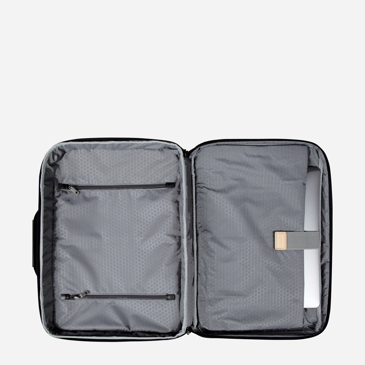Tokyo Large Backpack opened flat like a suitcase, showing twin grey lined compartments