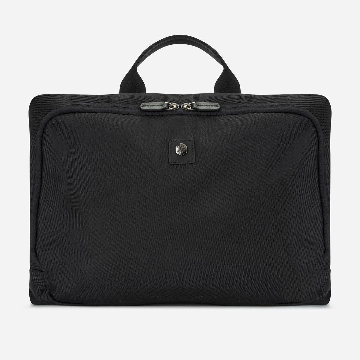 Black nylon and leather shirt and laundry bag, front view with riveted leather patch, Jekyll & Hide