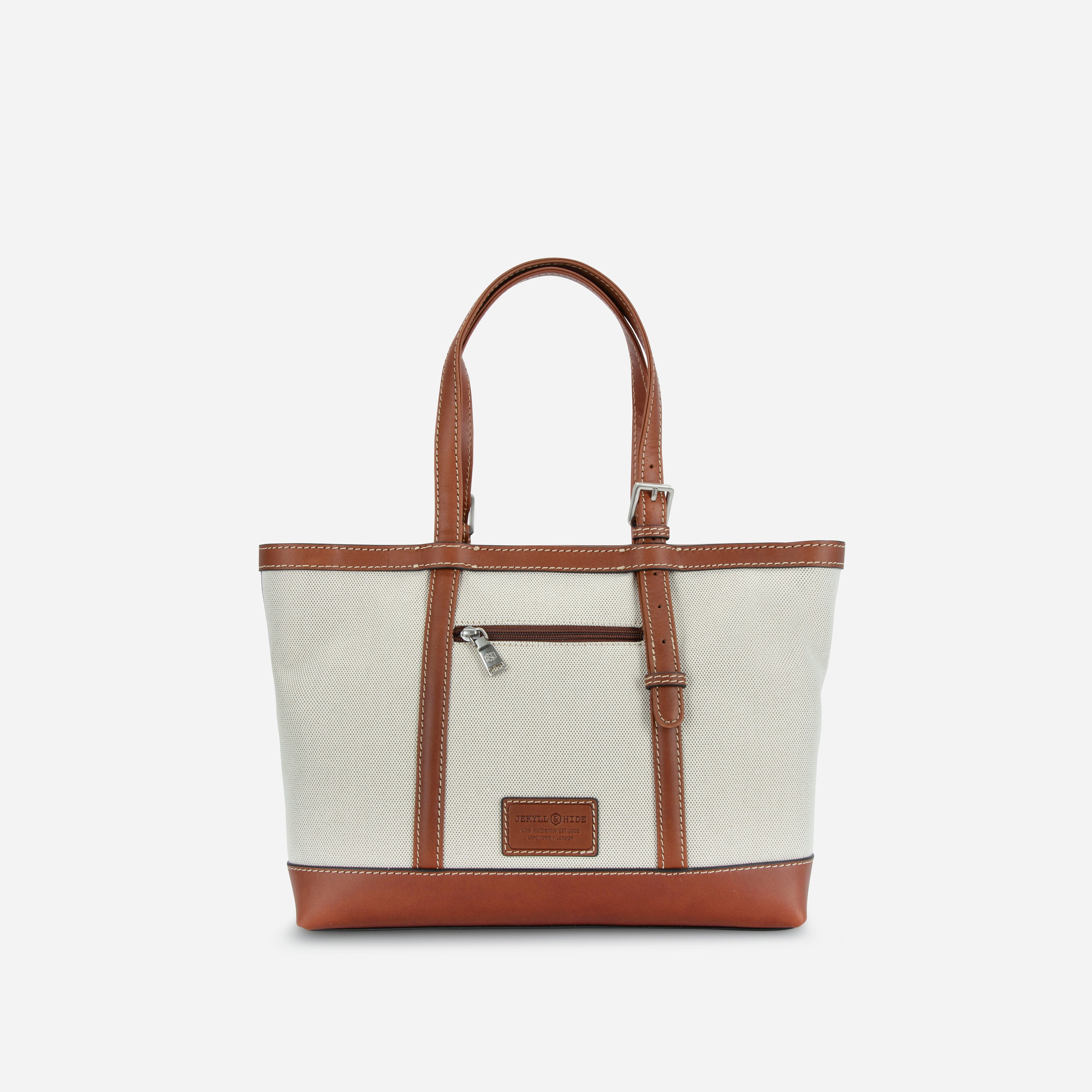 Jekyll & Hide Canvas Shopper Tote in Colt, back view with full-width zip pocket and embossed leather patch