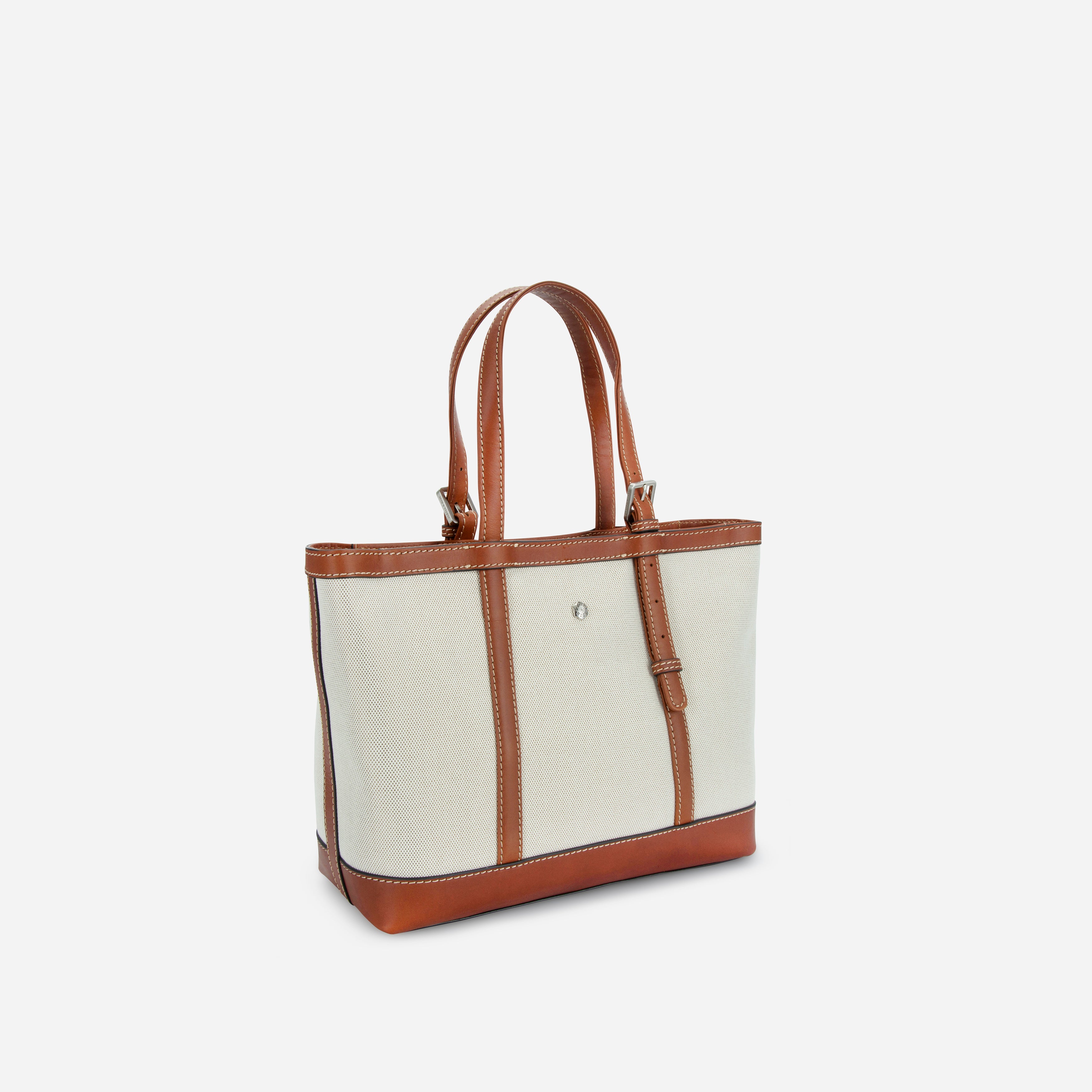 Jekyll & Hide Canvas Shopper Tote in Colt, three-quarter side view showing the leather base