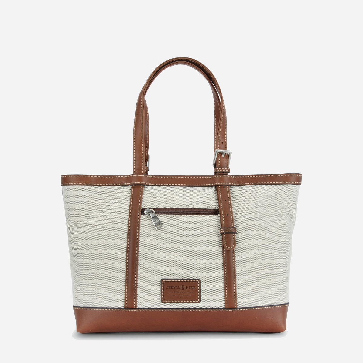 Back of the Canvas Shopper Tote with zip pocket and brand plaque