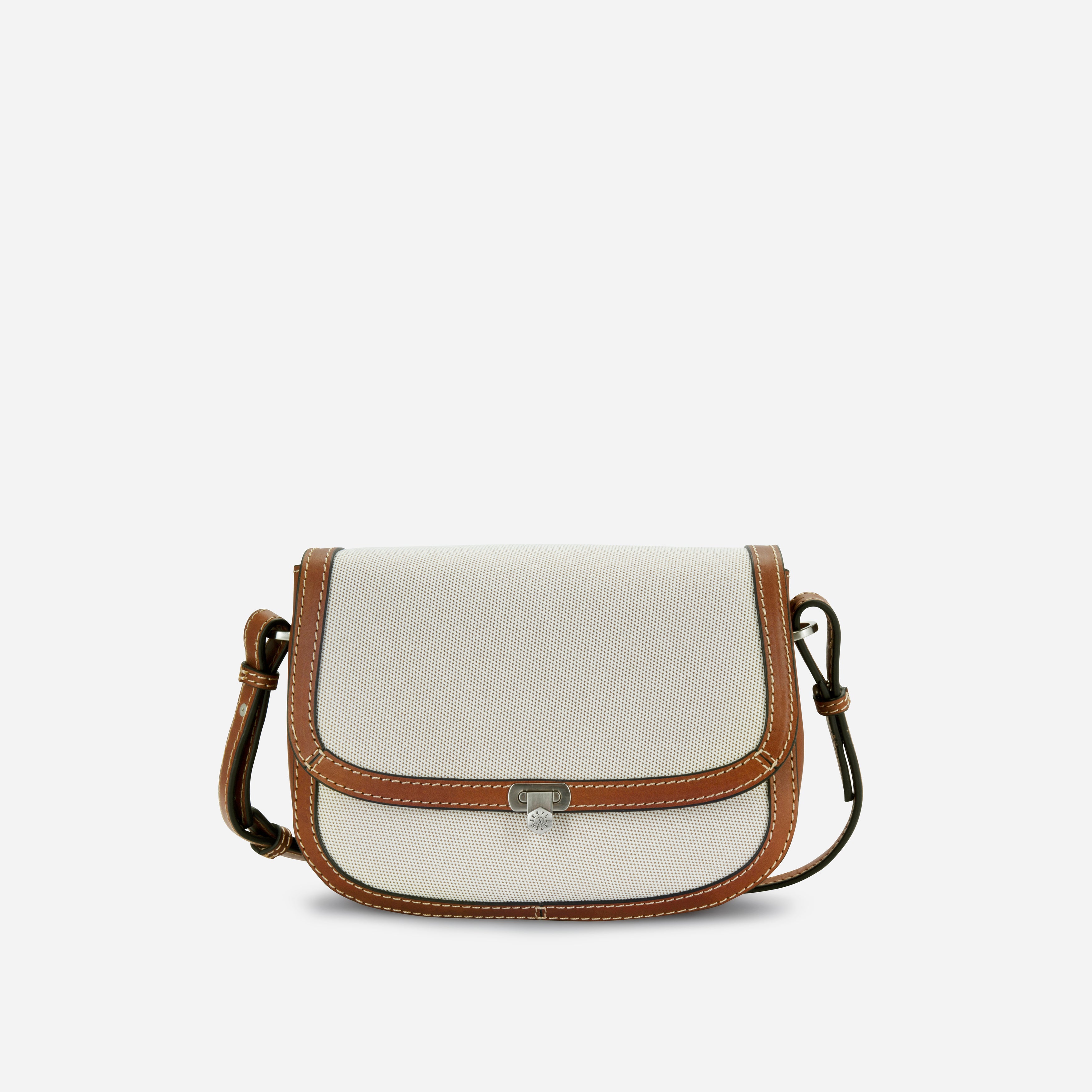 Jekyll & Hide Canvas Crossbody Saddle Bag in Colt, front view with the tuck-lock clasp