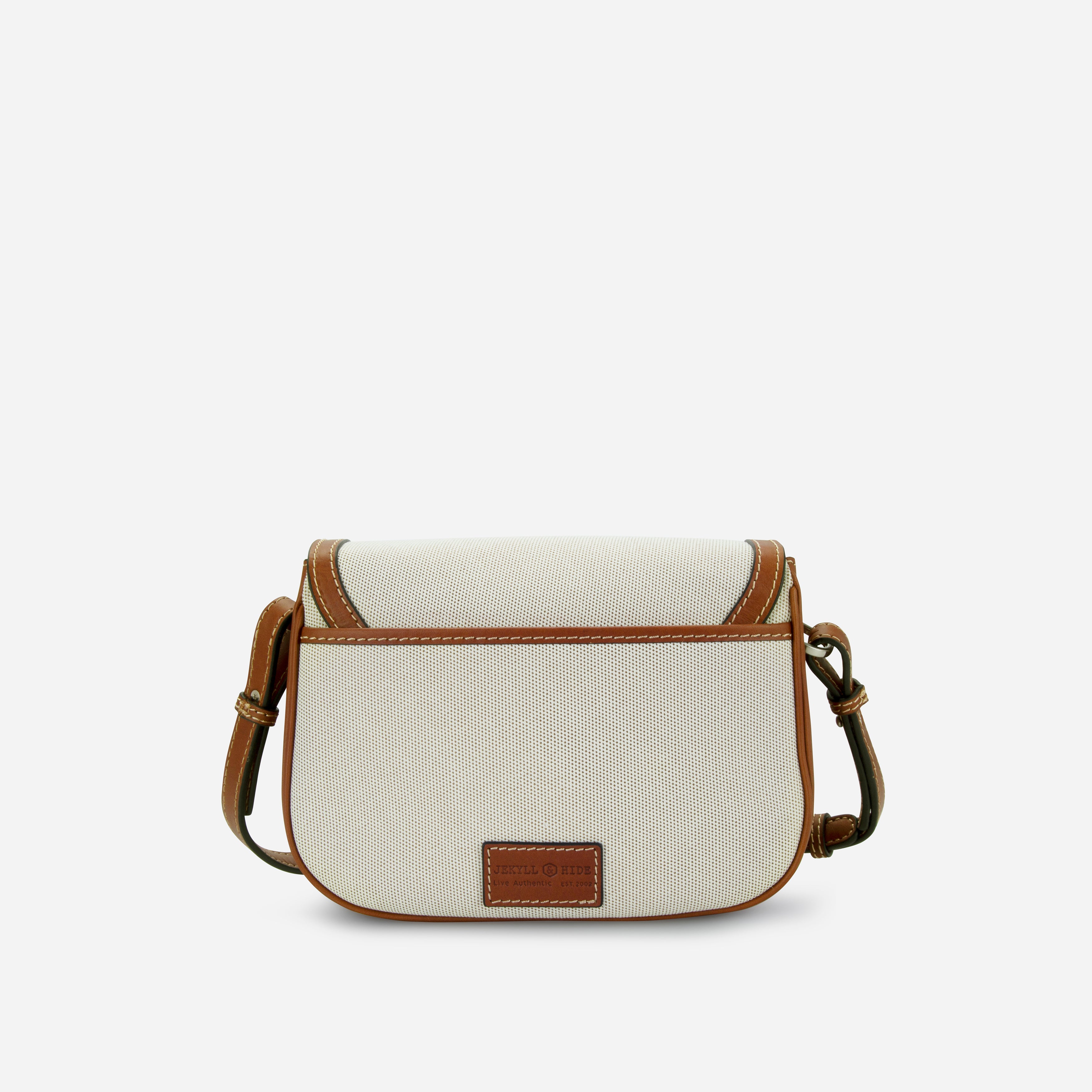 Jekyll & Hide Canvas Crossbody Saddle Bag in Colt, back view with the embossed leather patch
