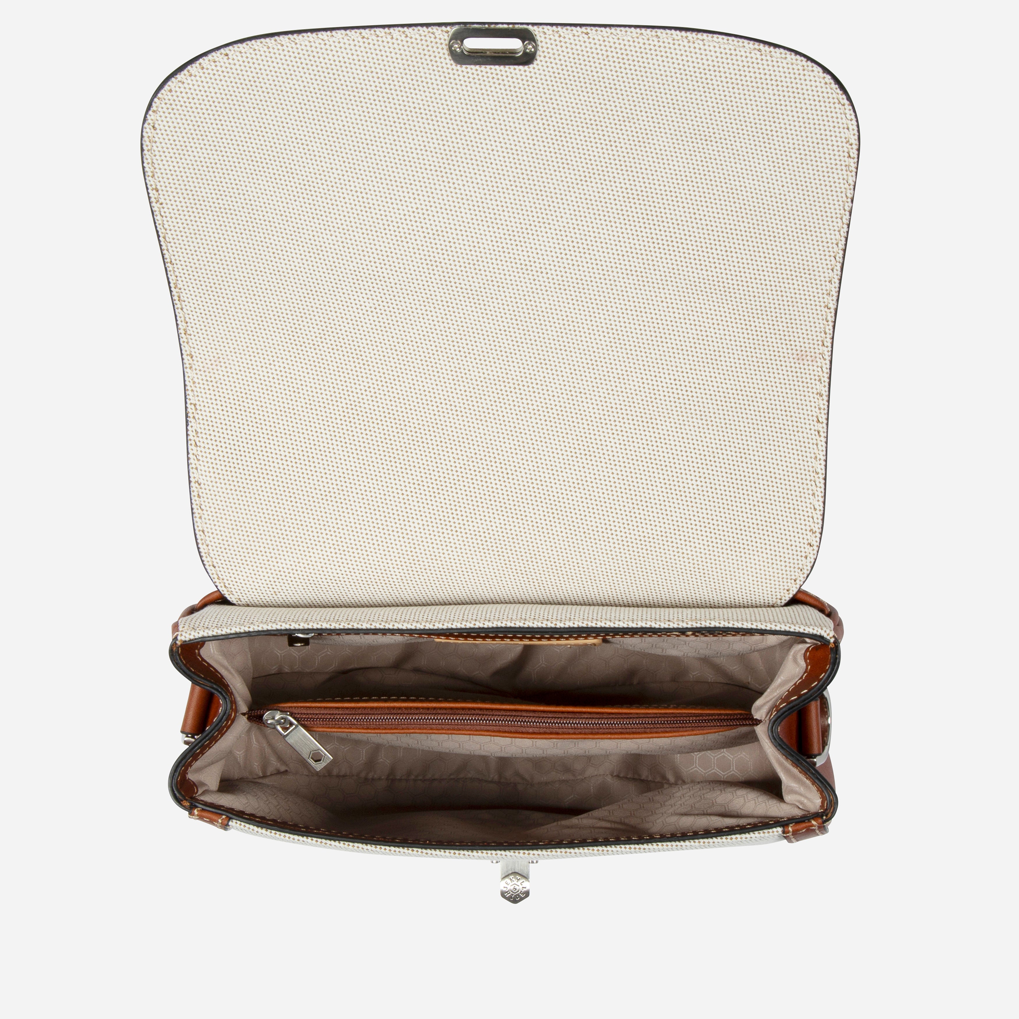 Jekyll & Hide Canvas Crossbody Saddle Bag in Colt, interior showing the zipped centre pocket and monogram lining
