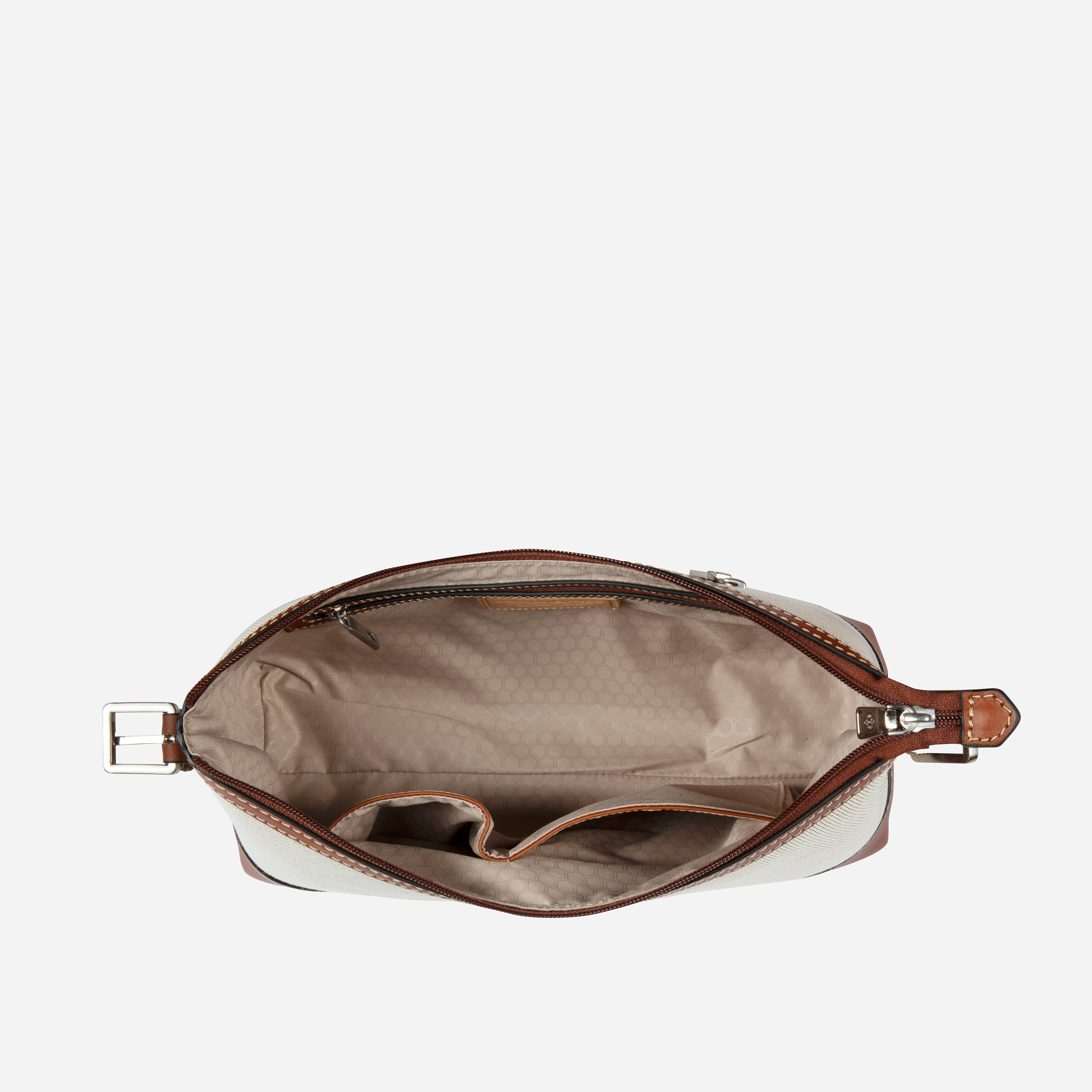 Jekyll & Hide Canvas Sling Handbag in Colt, interior showing the lined main compartment with zip and slip pockets