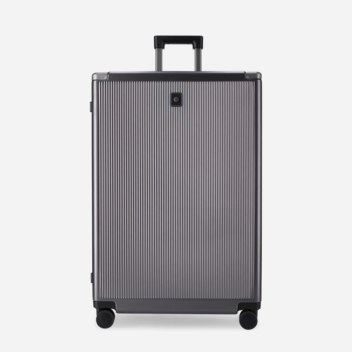Front of the black-trim Large Check-In suitcase with trolley handle extended