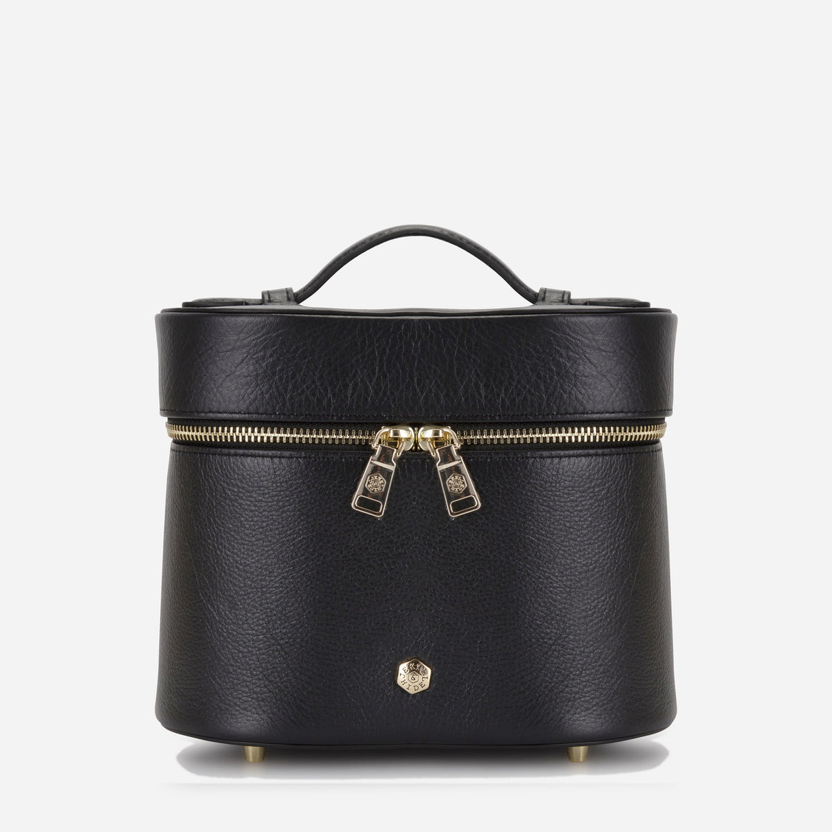 Black Geneva leather vanity case, front view with light gold zip pullers and rivet, Jekyll & Hide