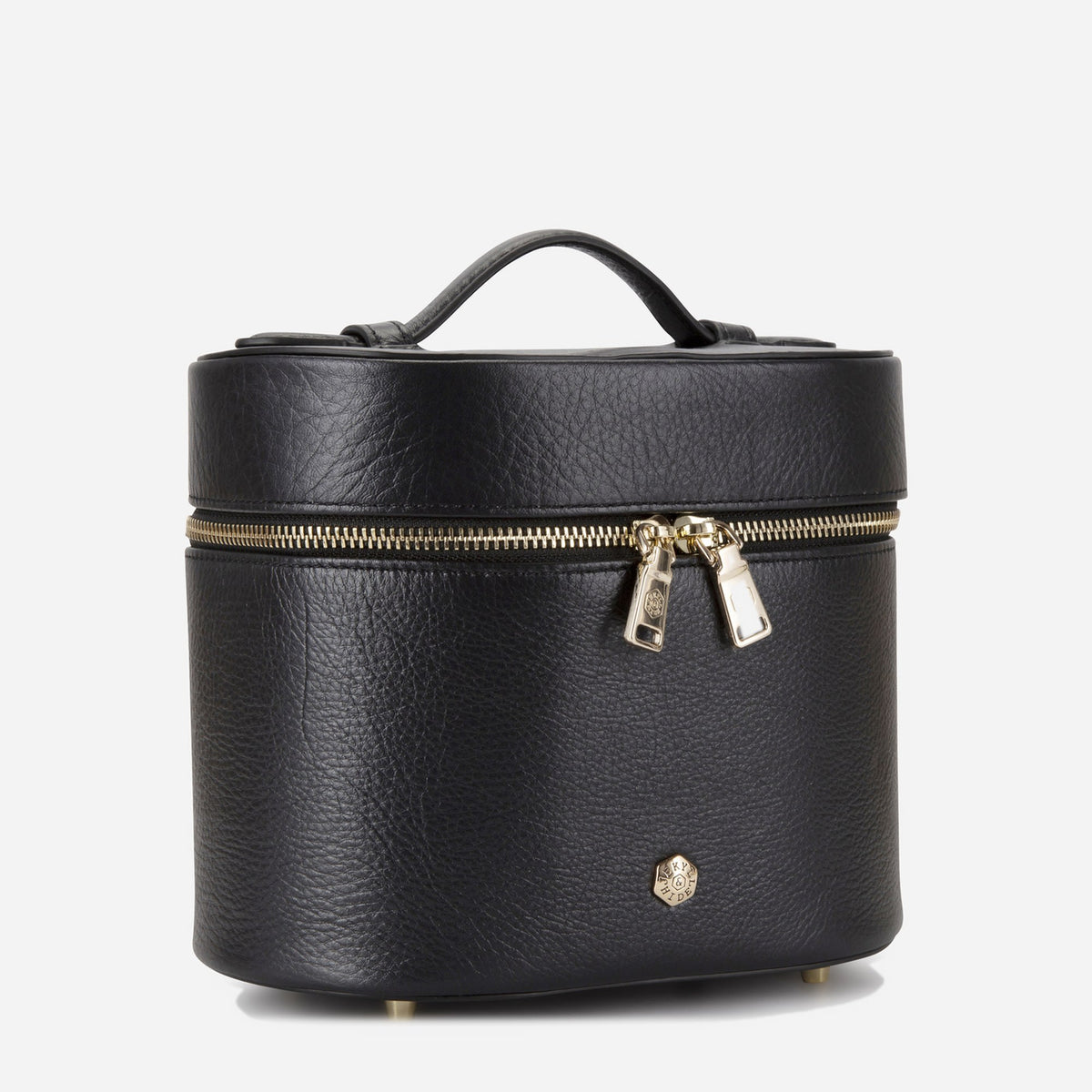 Black Geneva leather vanity case, angled view with padded grab handle, Jekyll & Hide