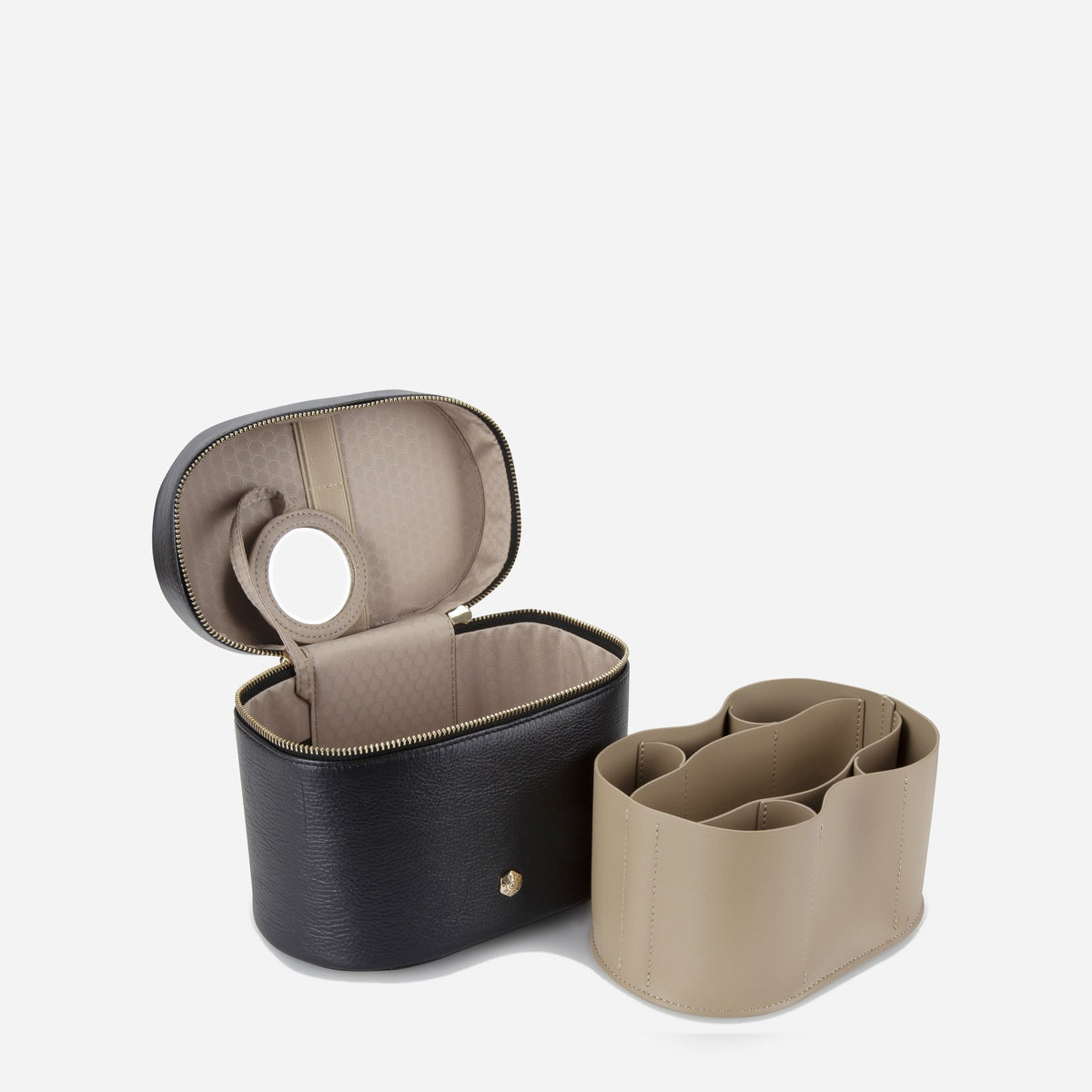 Black Geneva Vanity Case open with its removable taupe organiser insert and mirror