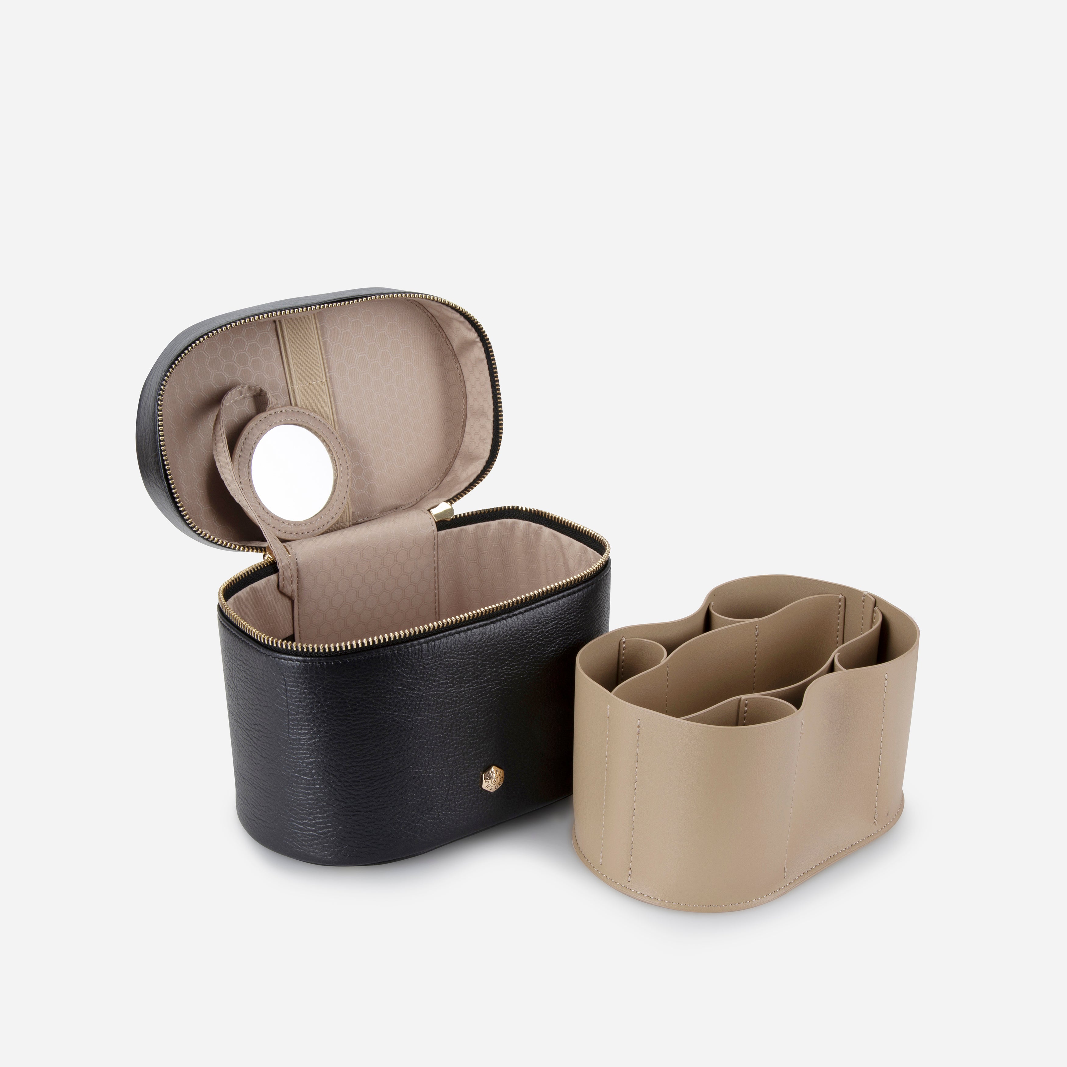 Jekyll & Hide Geneva Vanity Case in Black, open with the lid mirror and the removable organiser lifted out