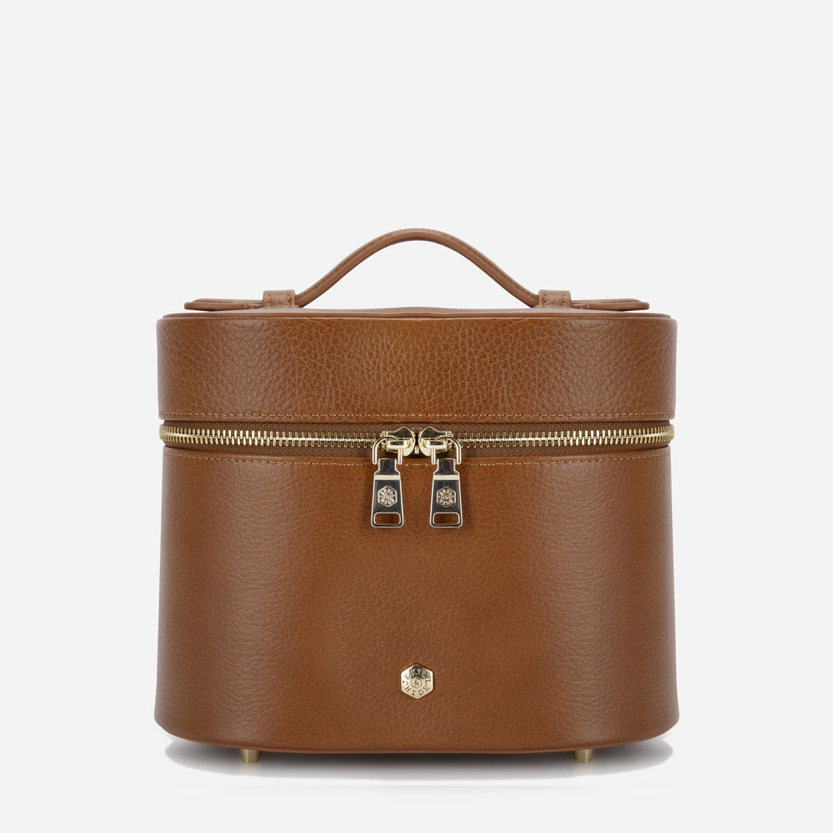 Tan Geneva leather vanity case, front view with light gold zip pullers and rivet, Jekyll & Hide