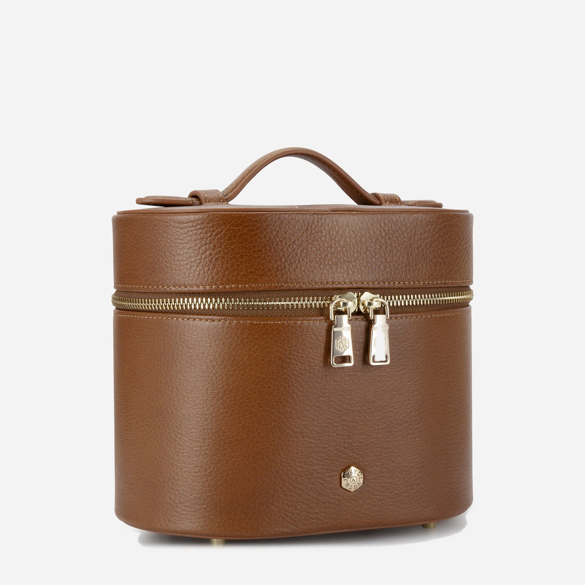 Three-quarter view of the tan leather Geneva Vanity Case