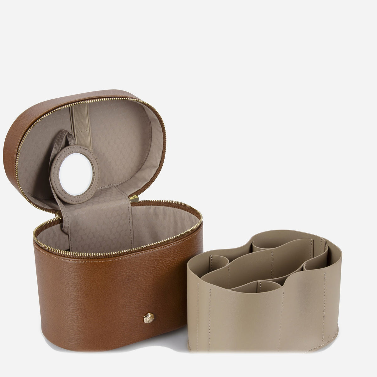 Tan Geneva Vanity Case open with its removable taupe organiser insert and mirror