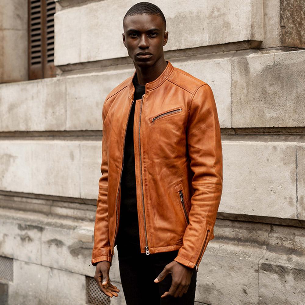 Burton Mandarin Collar Leather Jacket, Distressed Tan