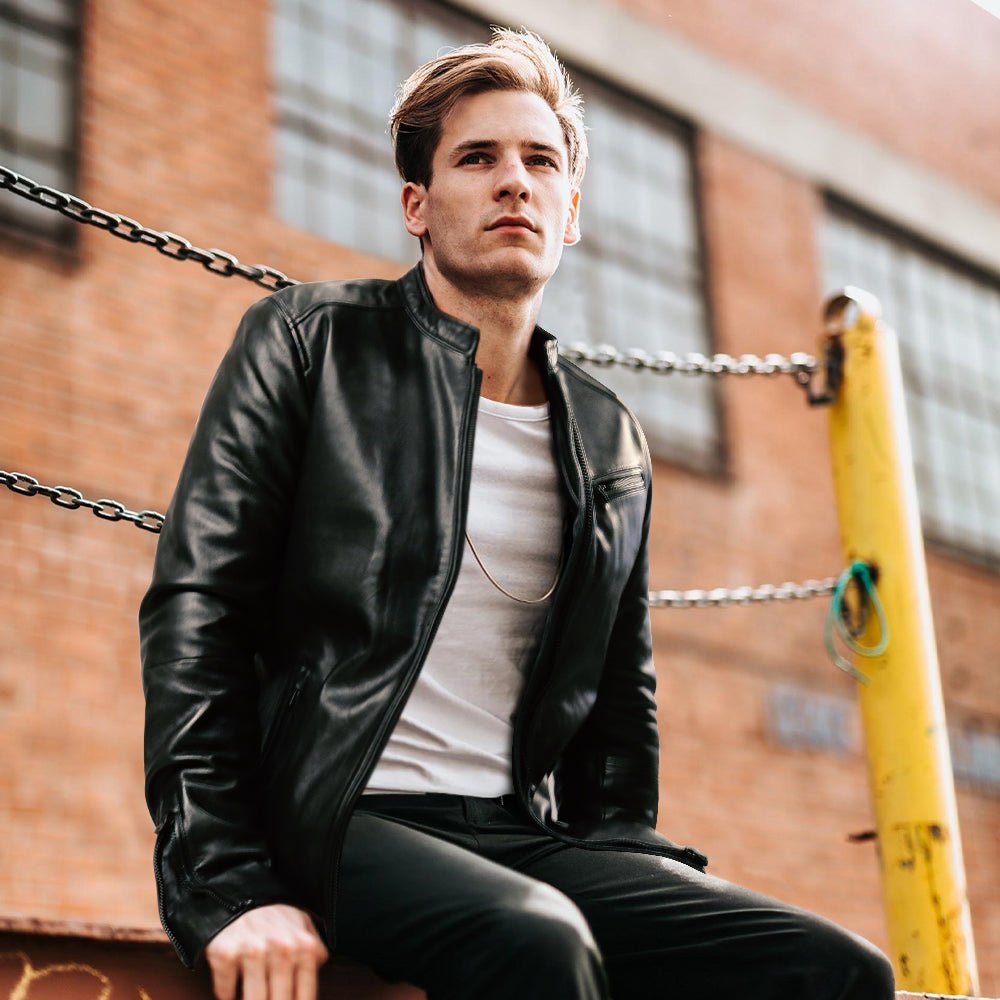 Mandarin Collar Leather Jacket