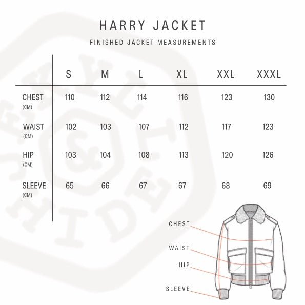 Harry Jacket size guide with chest, waist, hip and sleeve measurements in cm for sizes S to XXXL