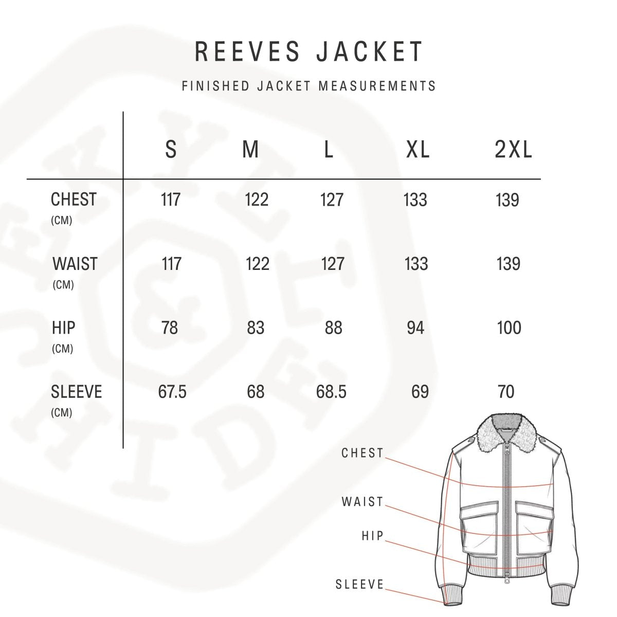 Reeves jacket size guide – chest, waist, hip and sleeve measurements in cm for sizes S to 2XL