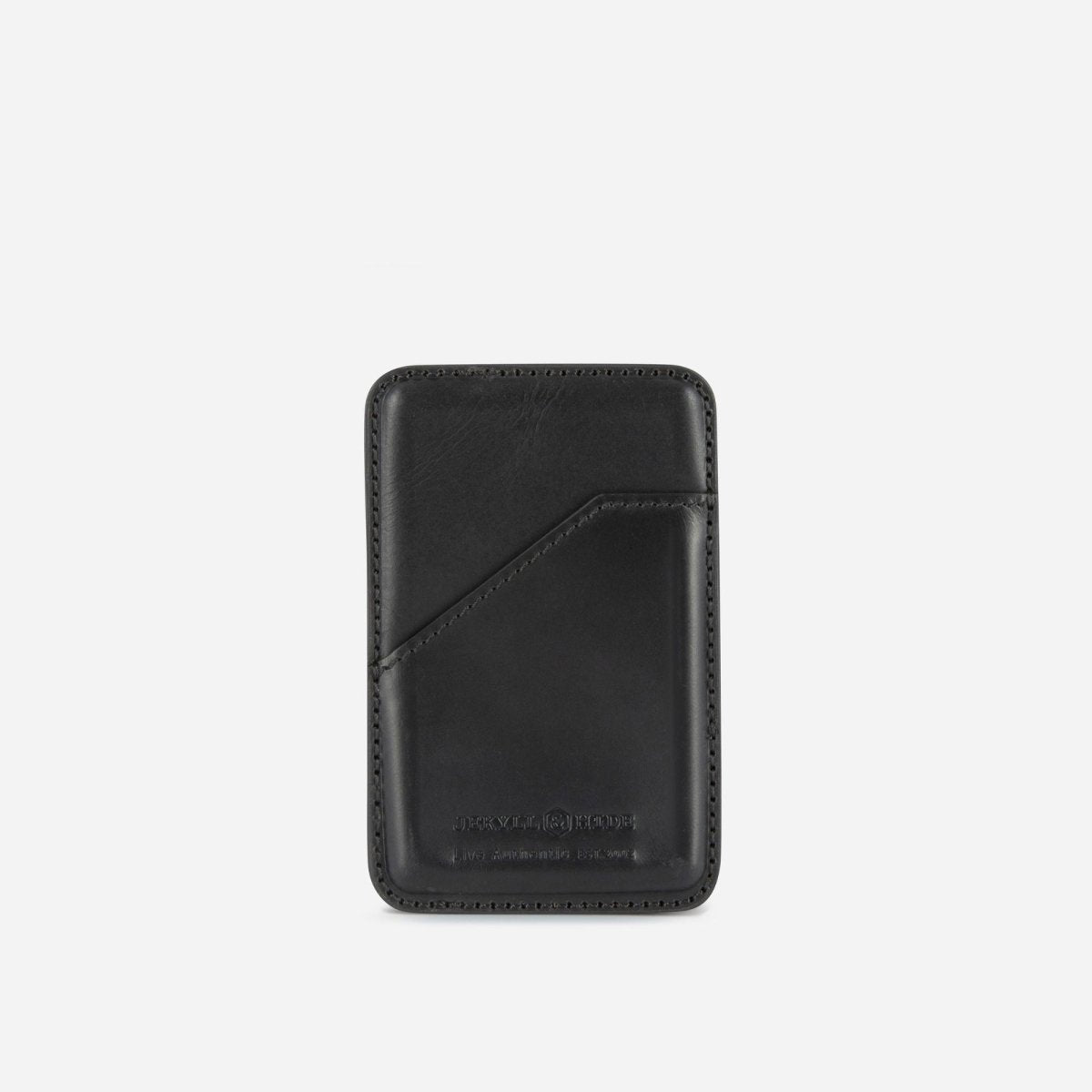 Black leather cardholder on a light gray background