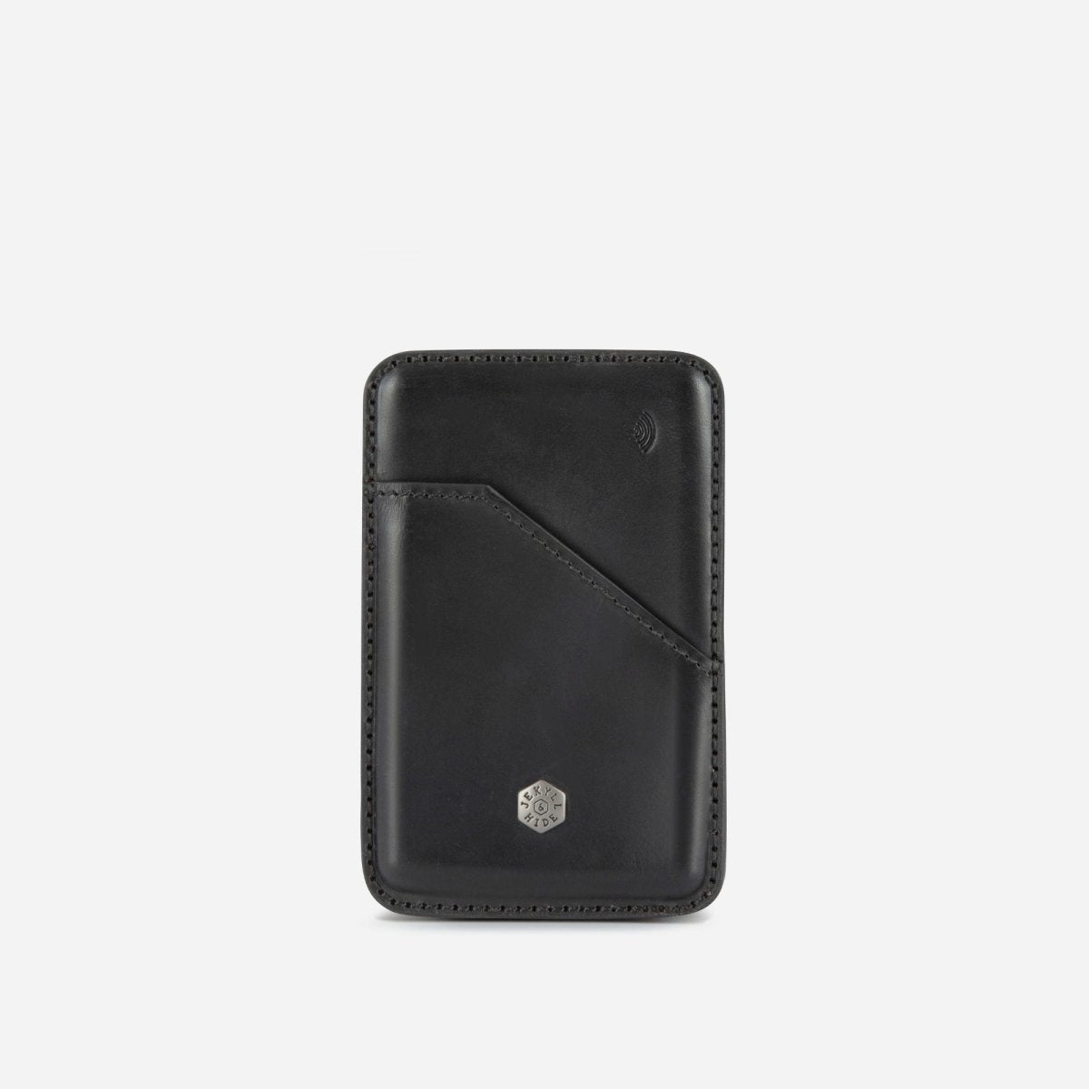 Black leather cardholder with a brand logo on a white background