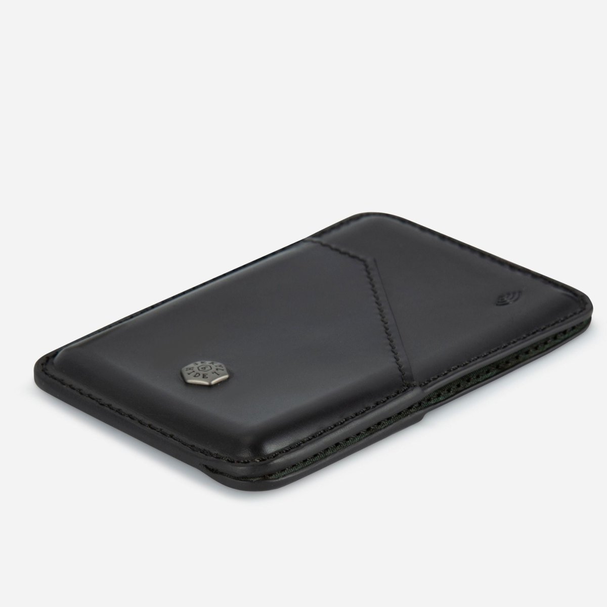Black leather wallet with brand logo on a light gray background