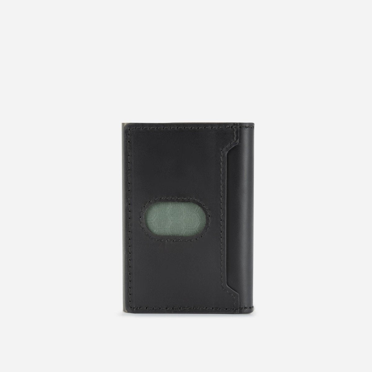 Black leather wallet with a green patch on a white background