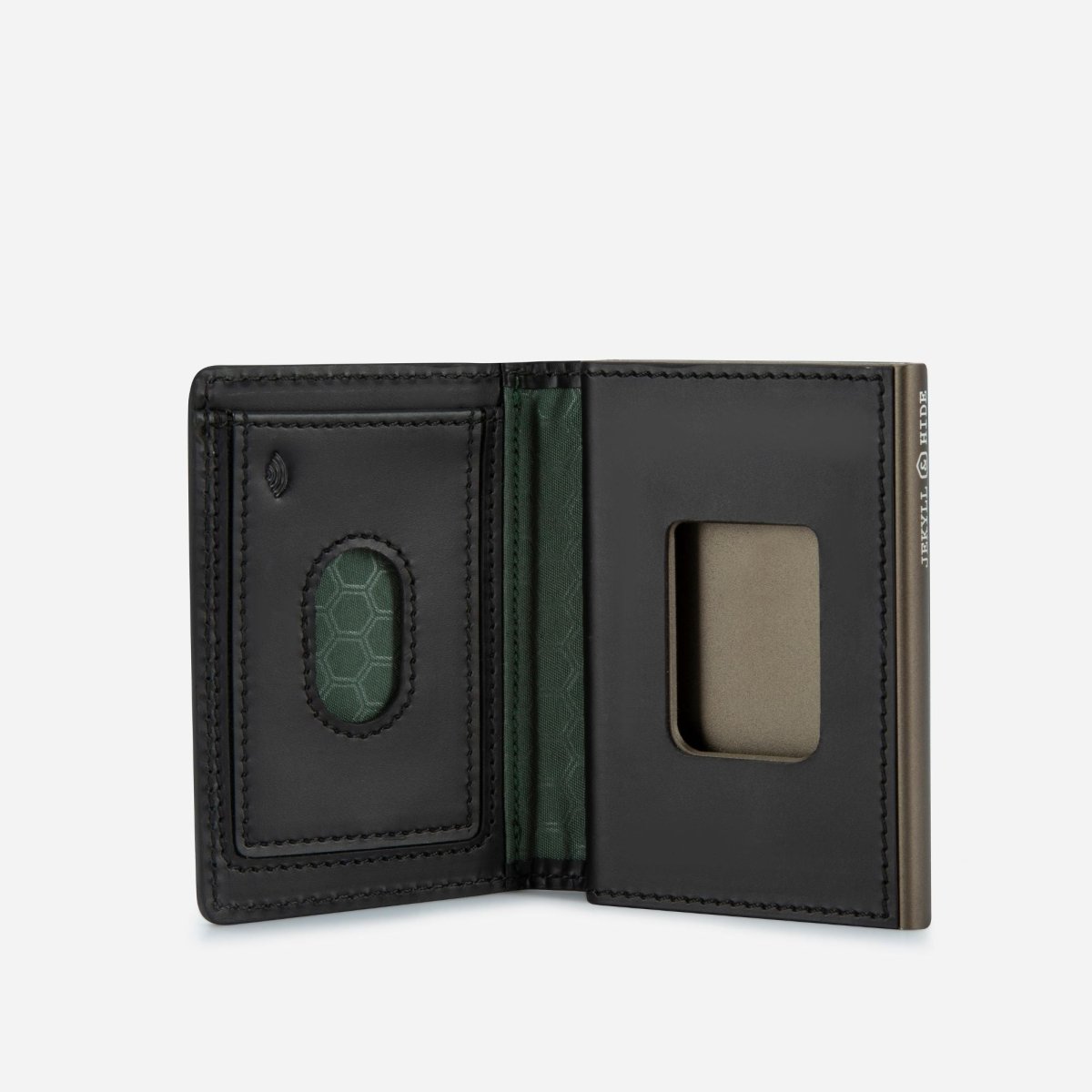 Black leather wallet open on a light gray background