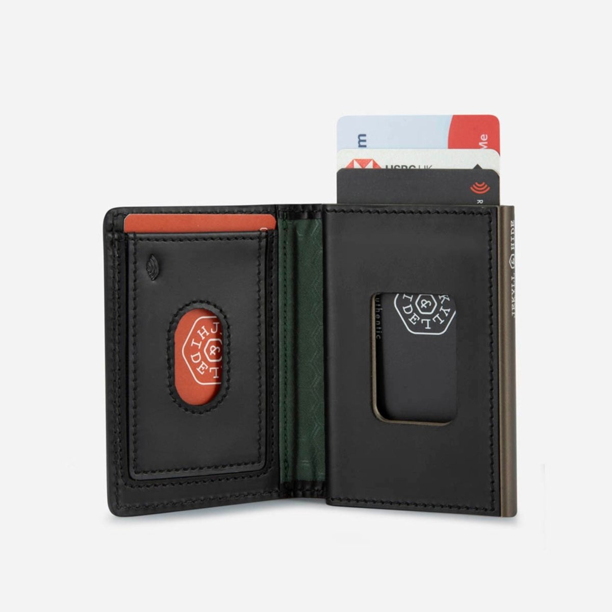 Black wallet with a red accent and card holder on a white background