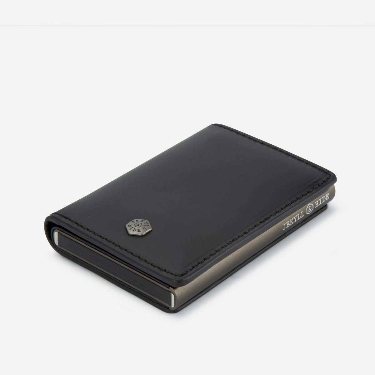 Black leather wallet with a brand logo on a white background