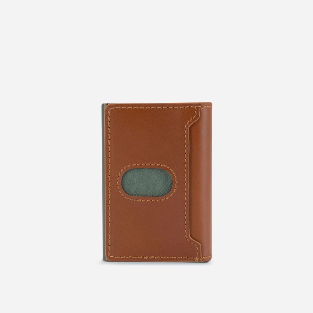 Brown leather wallet with a small green pocket on a white background