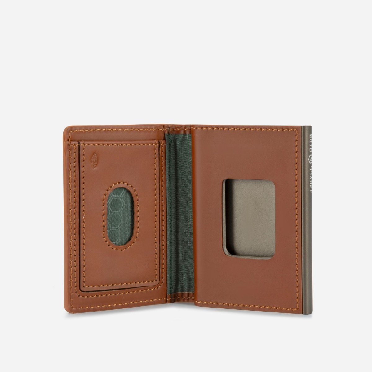 Brown leather wallet with green interior on a white background