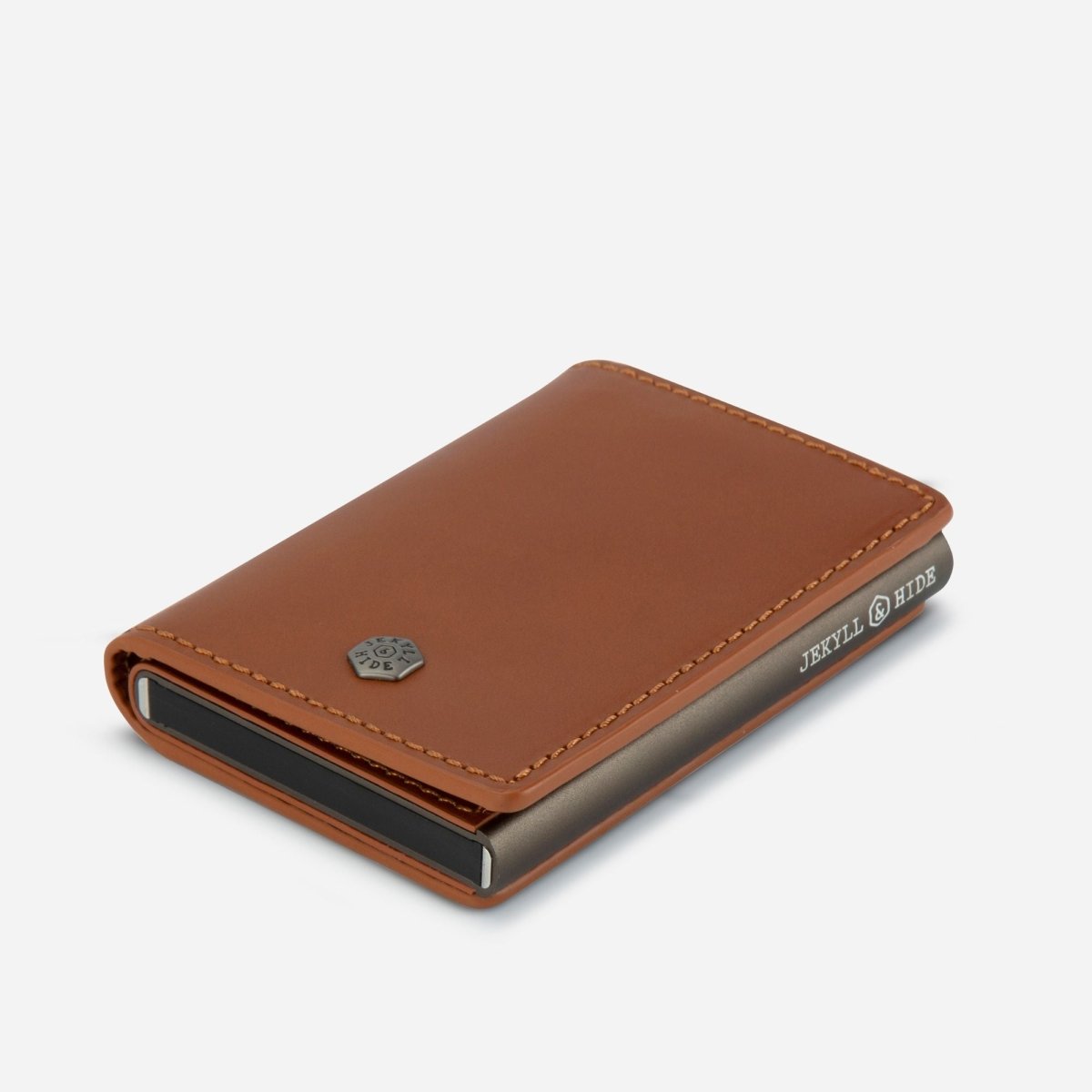 Brown leather cardholder with visible brand name on a white background